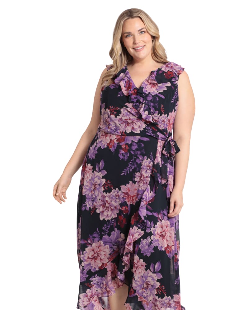 Front of a model wearing a size 14W Floral side tie ruffle wrap maxi dress in Navy/PPL by London Times. | dia_product_style_image_id:264161